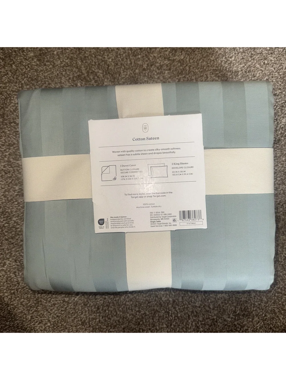 Threshold King Stripe Damask Sateen Duvet Cover Set 3 Piece 100% Cotton